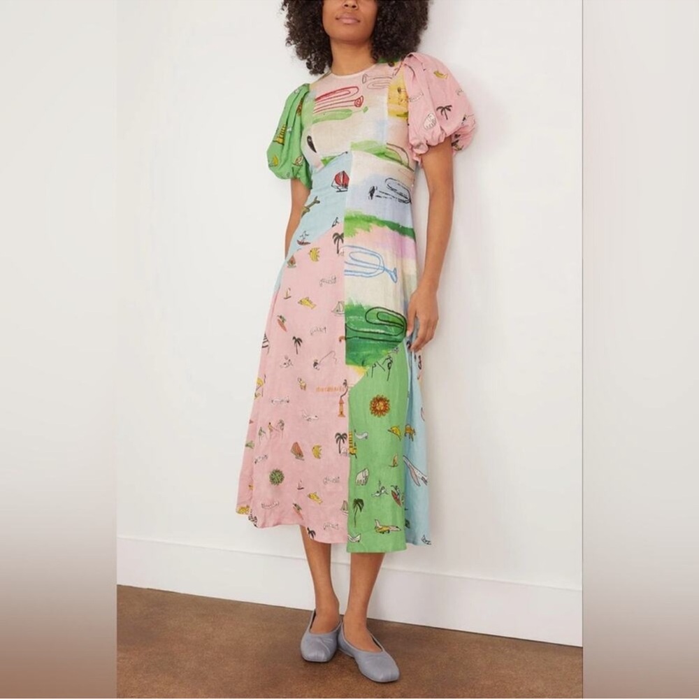 Alemais Pink and Green Asymmetrical Cut Out Midi Dress